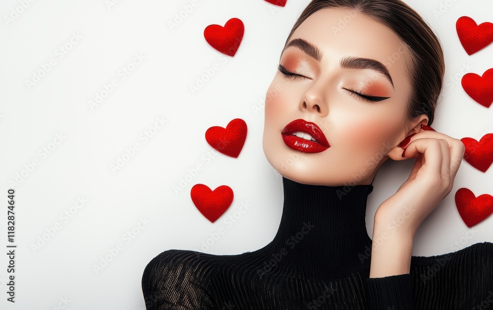 A confident woman with bold eyebrows and glossy lips, styled on a classic white background with vibrant red hearts for Saint Valentines Day A confident woman with bold eyebrows and glossy lips, styled on a classic white background with vibrant red hearts for Saint Valentines Day