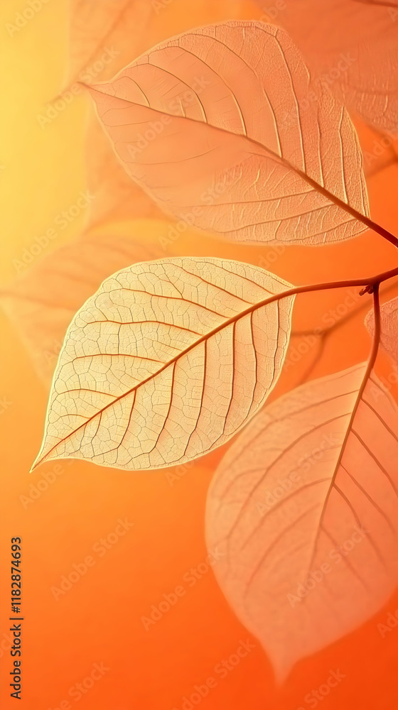 Obraz premium Backlit Leaves Reveal Intricate Veins on a Warm Orange Background