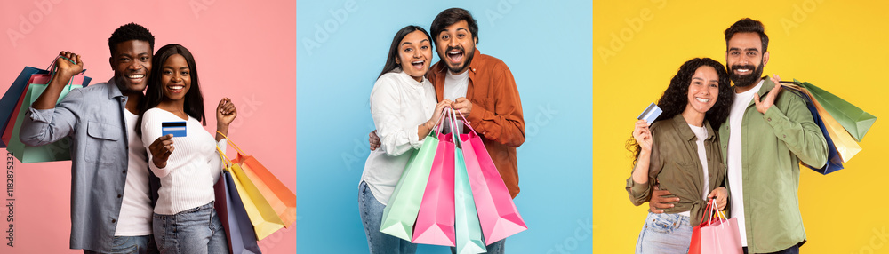 Group of diverse people enjoying shopping together, showcasing colorful bags while celebrating discounts and special offers. Perfect moment captured in a bright, cheerful ambiance. Group of diverse people enjoying shopping together, showcasing colorful bags while celebrating discounts and special offers. Perfect moment captured in a bright, cheerful ambiance.