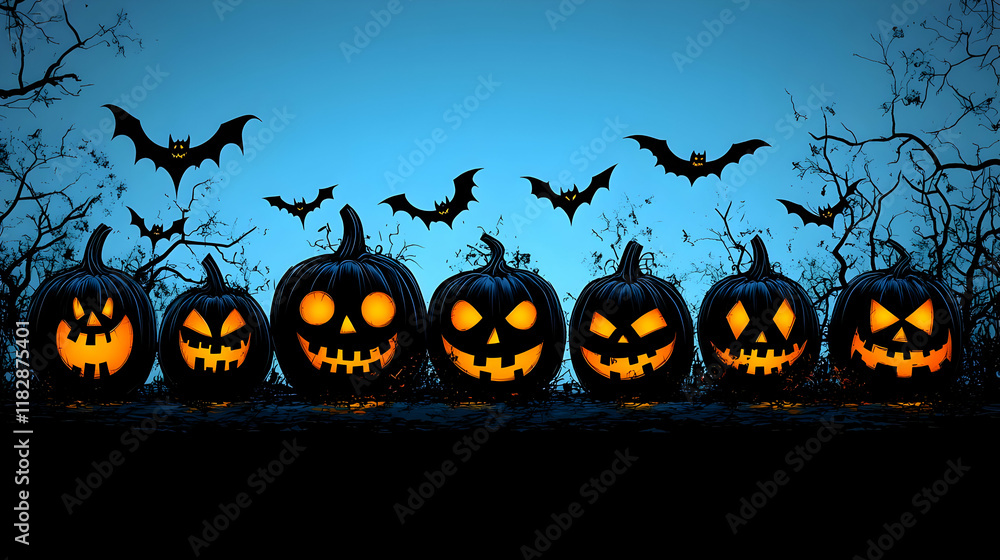 Seven Illuminated Jack-o'-lanterns with Bats and Trees Create a Spooky Halloween Scene Seven Illuminated Jack-o'-lanterns with Bats and Trees Create a Spooky Halloween Scene