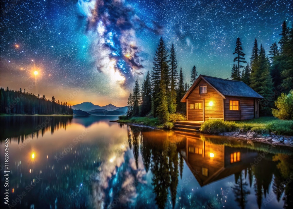 Fototapeta premium Peaceful lake house, bathed in starlight; dark sky, nature's tranquility, night photography.