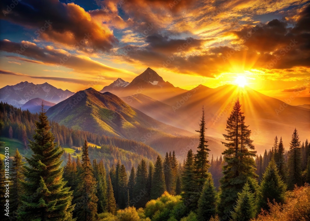 Serene landscape: twin sunsets paint the sky, illuminating distant peaks. Serene landscape: twin sunsets paint the sky, illuminating distant peaks.