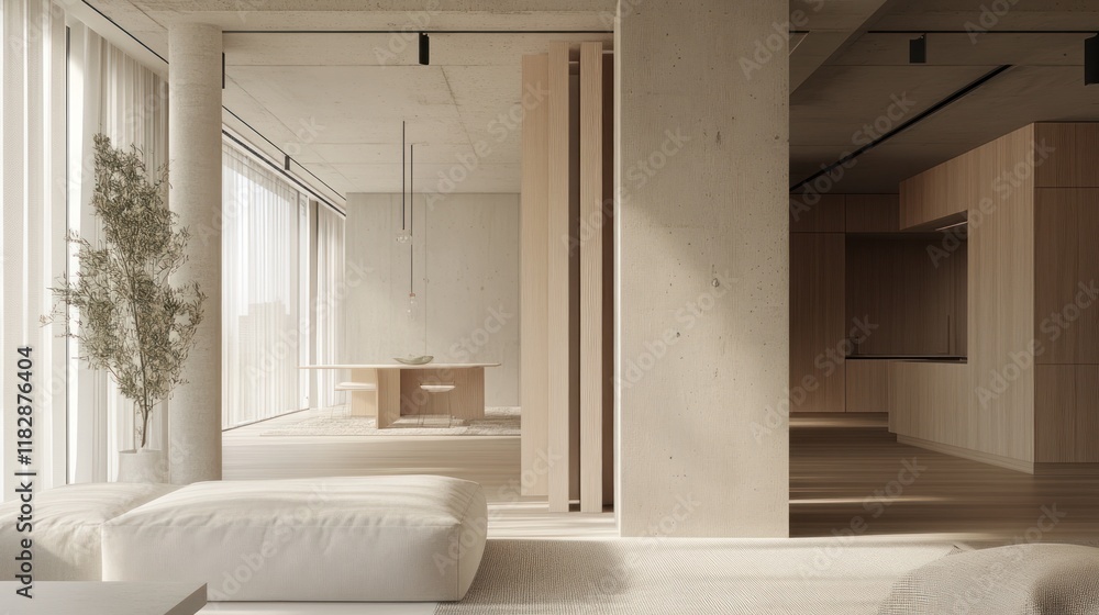 Fototapeta premium 3D layout of a minimalist urban loft, smartly designed small spaces, modern interiors, and eco-friendly features 
