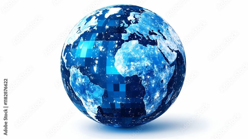 Blue 3D Earth Globe Shows Continents and Oceans with Digital Texture on White Background. Blue 3D Earth Globe Shows Continents and Oceans with Digital Texture on White Background.