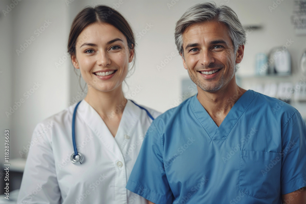Portrait of happy female doctor in blue uniform and male surgeon looking at the camera Portrait of happy female doctor in blue uniform and male surgeon looking at the camera