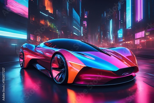 Car Driving at Night with Neon Lights – Futuristic Road Trip in a Vibrant Cityscape

