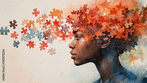 Creative blend of a woman's profile with colorful puzzle pieces symbolizing thoughts and emotions