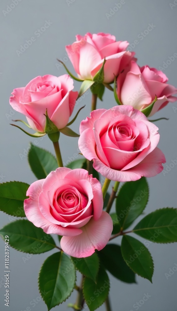 A bouquet of fresh pink roses with green leaves and stems, Roses, flowers, pink