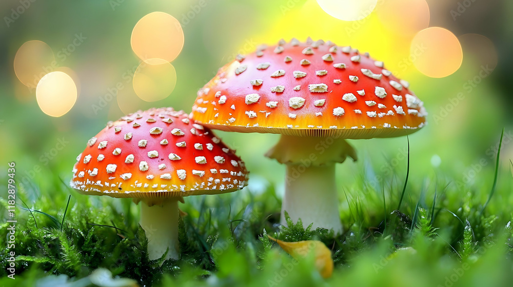 Obraz premium Two Vibrant Fly Agaric Mushrooms Thrive in Lush Green Moss, Illuminated by Golden Bokeh.