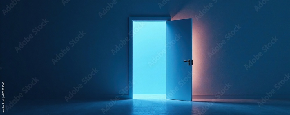 A partially opened door reveals a tunnel of soft pulsing blue light, ambient lighting, hazy lighting, calm ambiance A partially opened door reveals a tunnel of soft pulsing blue light, ambient lighting, hazy lighting, calm ambiance