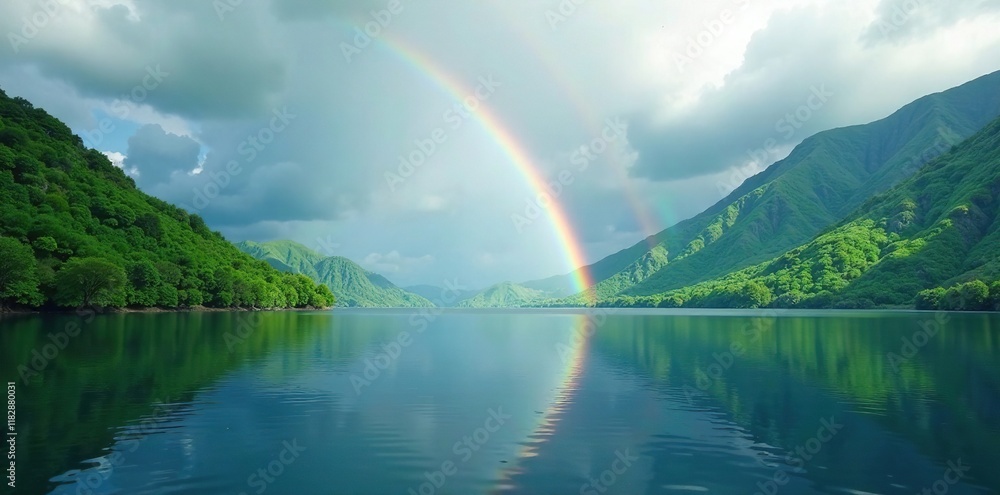 A rainbow arcing over a serene lake with lush green hills, hawaii, peaceful A rainbow arcing over a serene lake with lush green hills, hawaii, peaceful