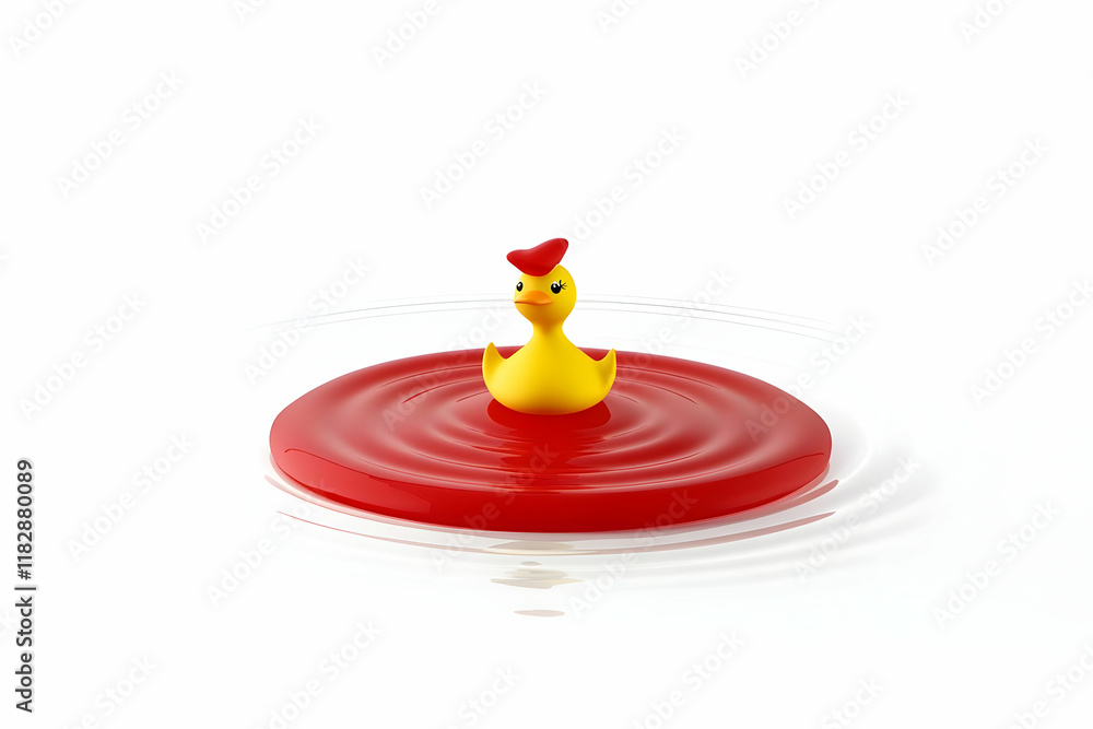 Yellow Rubber Duck Floating on Red Liquid Creating Ripples, Minimalist Design Yellow Rubber Duck Floating on Red Liquid Creating Ripples, Minimalist Design