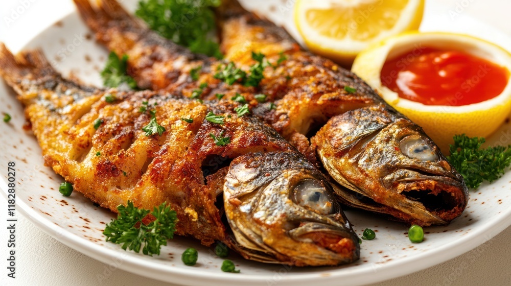Delicious Fried Fish with Lemon and Sauce Delicious Fried Fish with Lemon and Sauce