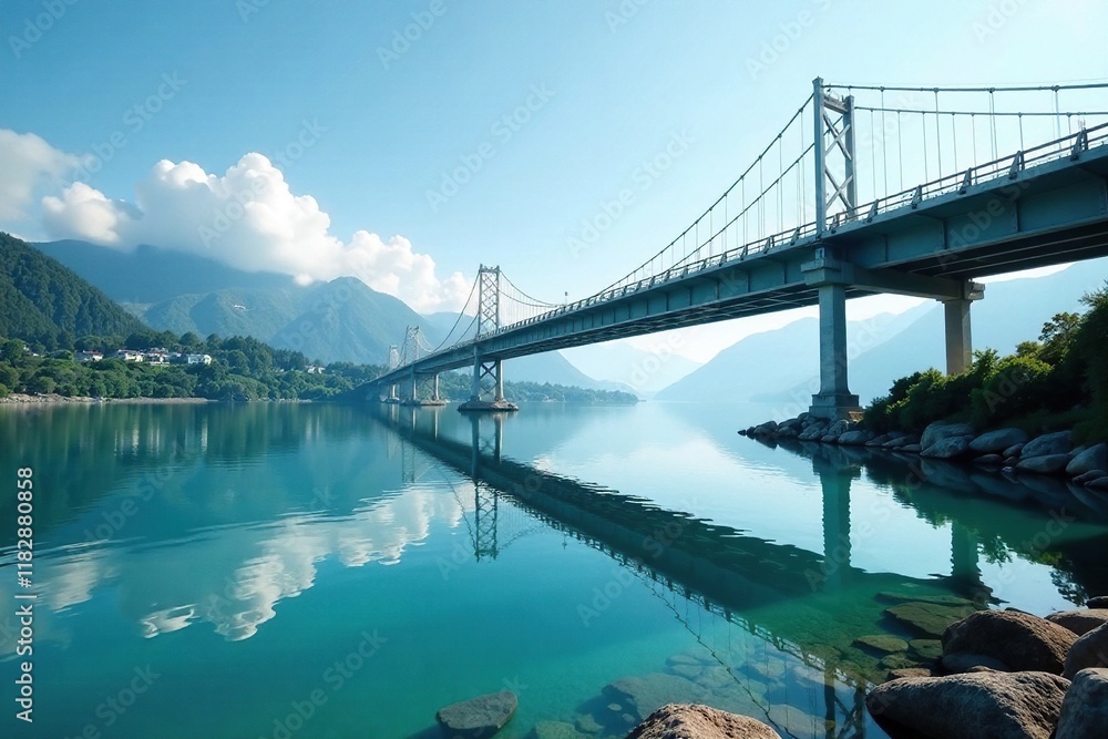Obraz premium Bridge spanning bay with calm and clear lake-like waters, still, peaceful