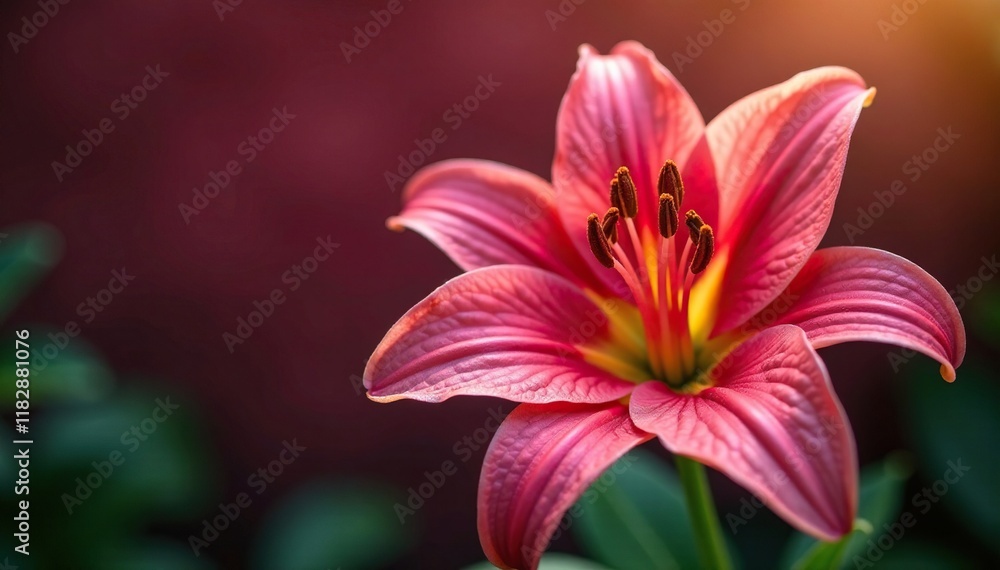 Fototapeta premium Colorful pink Josephine lily against warm red, plant, red color