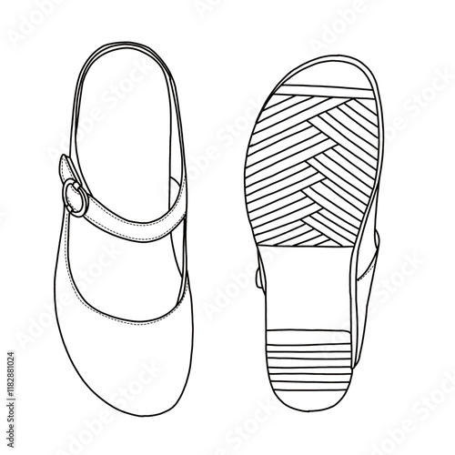Women's Mules Low Heeled Sandals Breathable Backless shoes line art, Technical sketch hand drawing outline vector doodle top and bottom view isolated on white background for coloring page