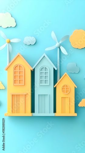 3D Illustration of Colorful Houses with Wind Turbines and Clouds on a Blue Background