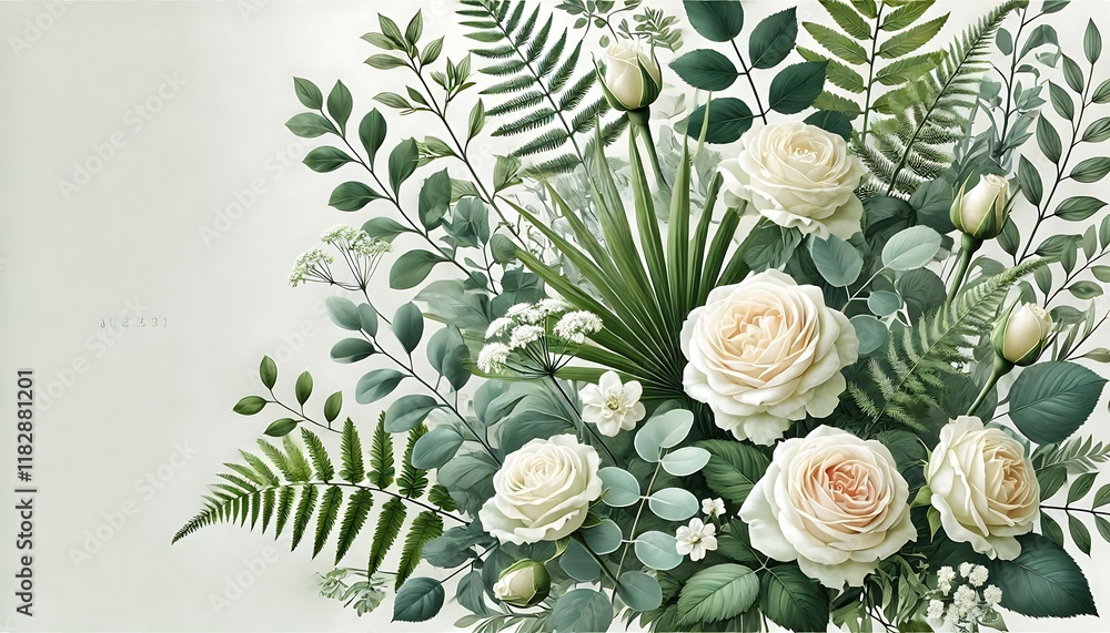 Lush green botanical background with vibrant foliage and soft ivory roses for a fresh and modern wedding design Lush green botanical background with vibrant foliage and soft ivory roses for a fresh and modern wedding design