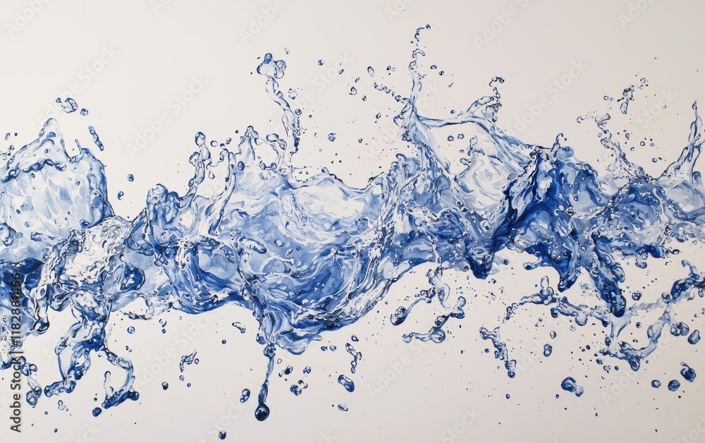 Blue water splashing gracefully in mid-air, forming intricate shapes on a plain white canvas Blue water splashing gracefully in mid-air, forming intricate shapes on a plain white canvas