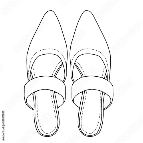 Women's Mules Medium Heeled Sandals with pointed toe shoes line art, Technical sketch hand drawing outline vector doodle top view isolated on white background for coloring page