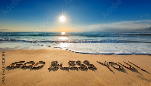 晴れた日の海の砂浜に書かれた祝福の言葉god bless you。背景は青い空と打ち寄せる波の風景。aiで生成