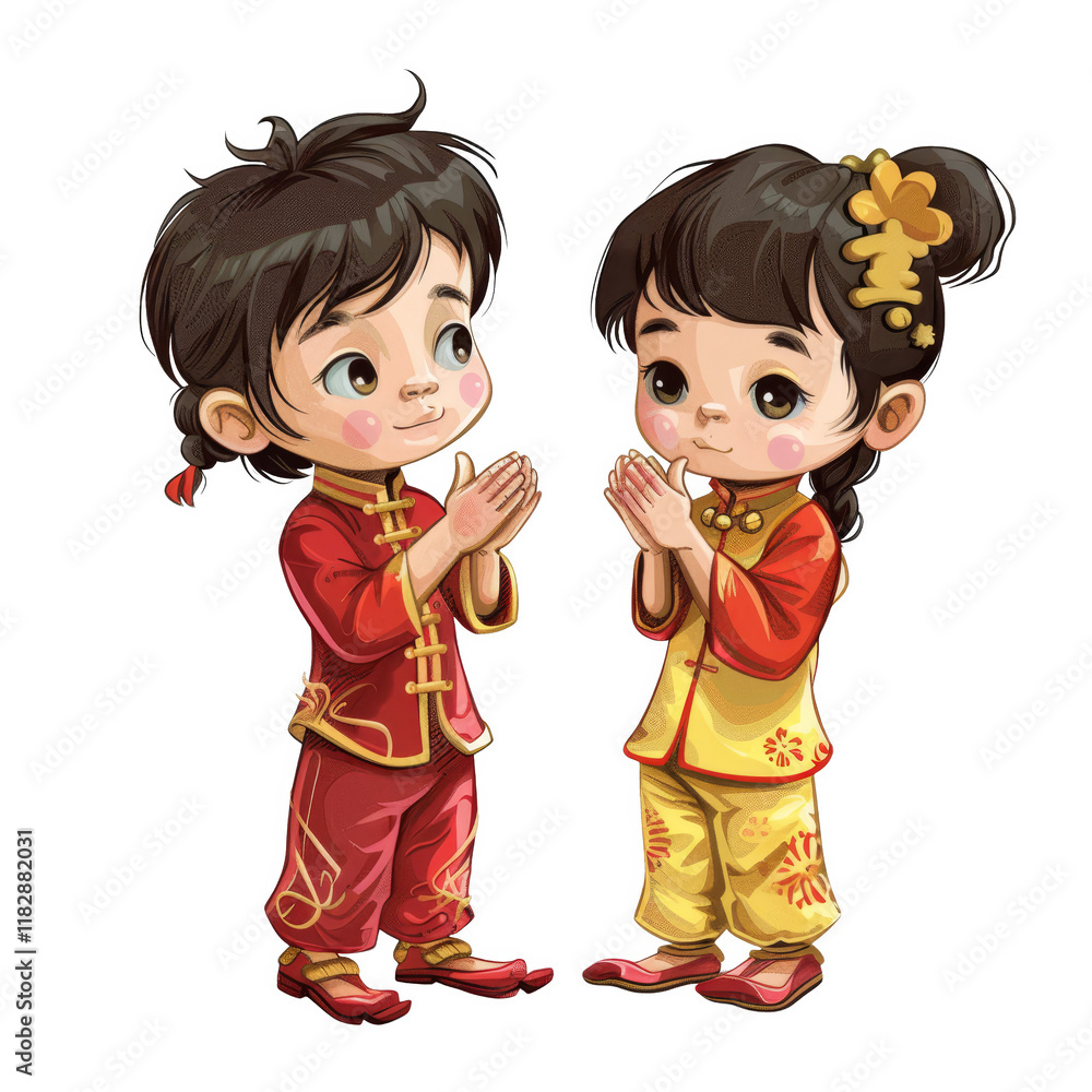 Two adorable children in traditional Chinese clothing, smiling and clapping their hands. Two adorable children in traditional Chinese clothing, smiling and clapping their hands.