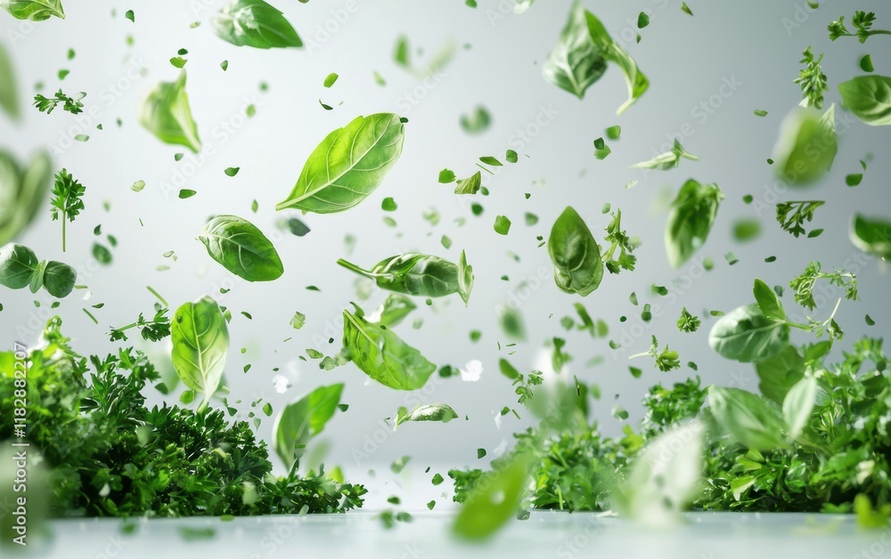 A dynamic burst of fresh herbs like basil, parsley, and mint flying above a clean surface