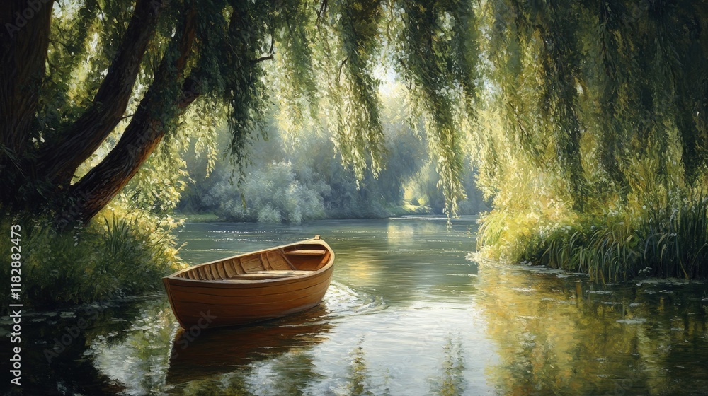 Serene River Scene With Wooden Rowboat Under Willow Trees Serene River Scene With Wooden Rowboat Under Willow Trees