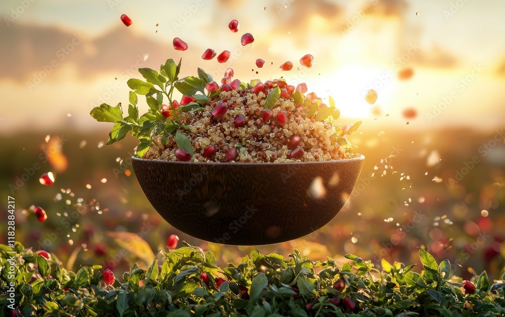 A flying quinoa bowl with fresh herbs and pomegranate seeds set against a sunset field A flying quinoa bowl with fresh herbs and pomegranate seeds set against a sunset field