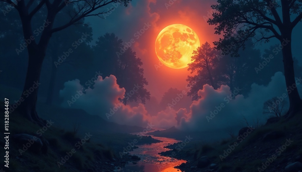 Fototapeta premium Mysterious orange glow amidst dark indigo atmosphere, dreamy, abstract, eerie