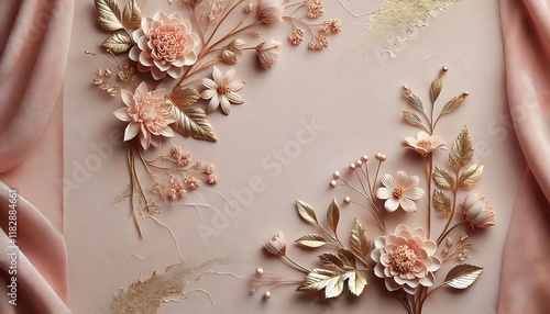 Elegant blush pink velvet textured background with gold foil floral accents