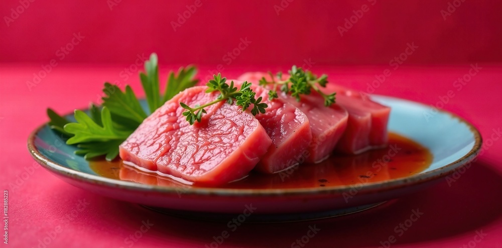 Raw tuna steak served on a platter with magenta background, seafood, dining, red background Raw tuna steak served on a platter with magenta background, seafood, dining, red background