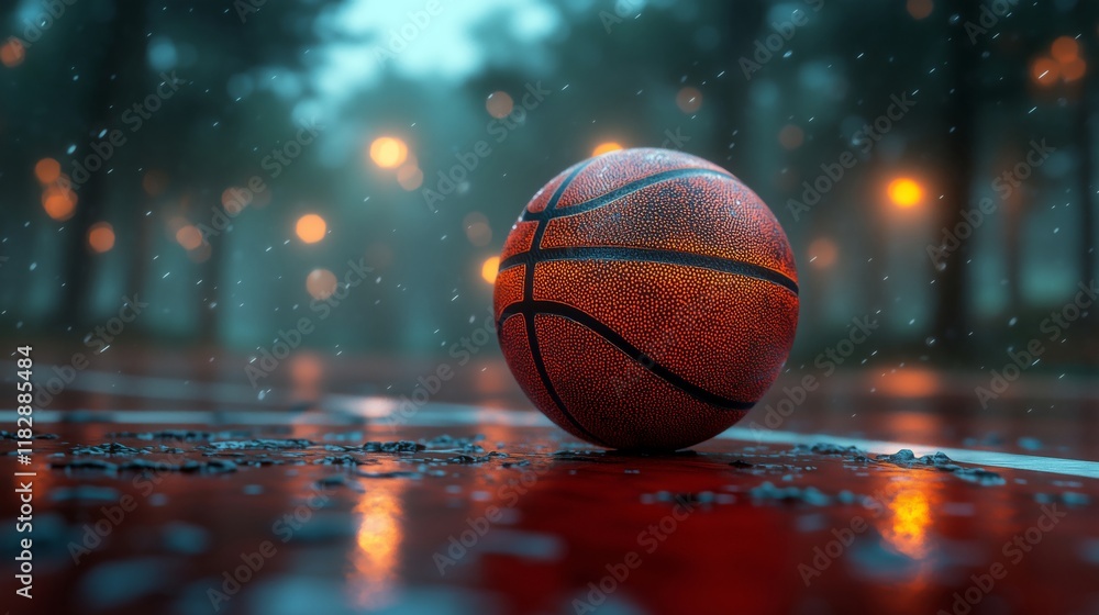 A Basketball Resting on a Rainy Court at Dusk A Basketball Resting on a Rainy Court at Dusk