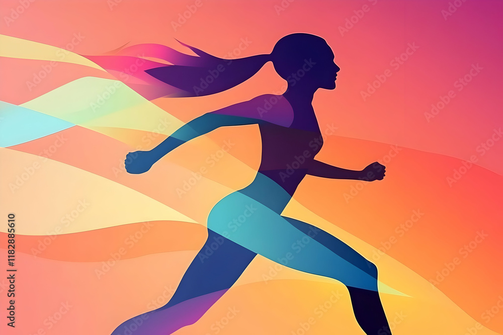 Silhouette of Woman Running with Colorful Abstract Background Silhouette of Woman Running with Colorful Abstract Background