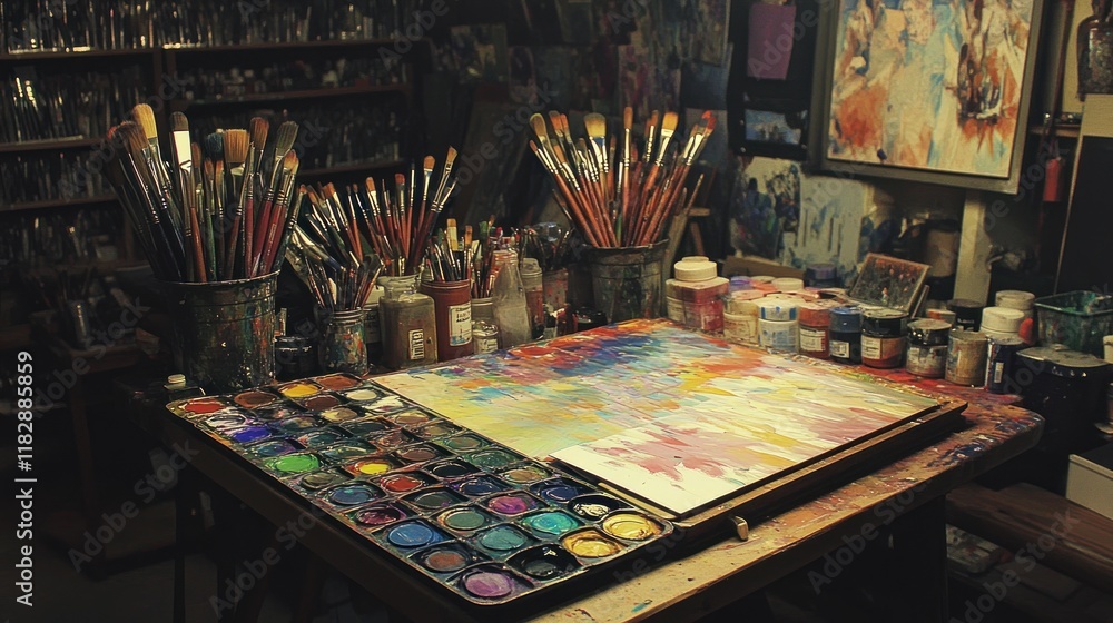 Artist's studio with colorful paints and brushes. Artist's studio with colorful paints and brushes.