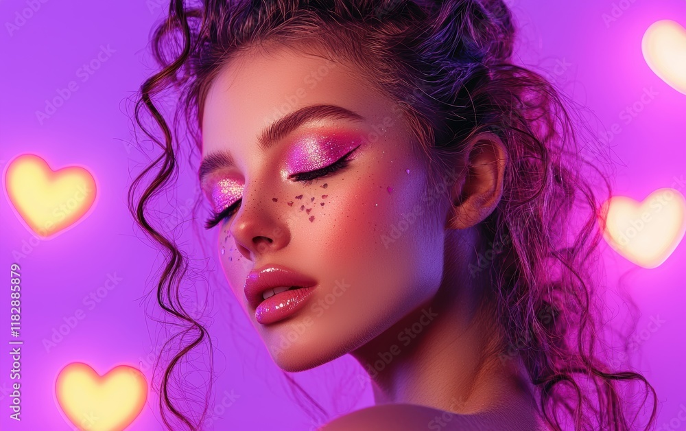 A glamorous woman with glittering eyeshadow and soft curls, styled on a vibrant purple background with neon heart accents for Saint Valentines Day A glamorous woman with glittering eyeshadow and soft curls, styled on a vibrant purple background with neon heart accents for Saint Valentines Day