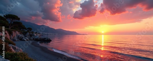 Serene sunset on the Terrazza Mascagni seafront, reflection, hills photo