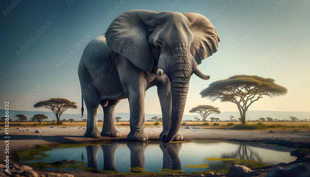 Fototapeta premium an african elephant gracefully approaches a watering hole, drinking from the serene waters while surrounded by lush greenery, embodying the majesty and tranquility of nature in the wild