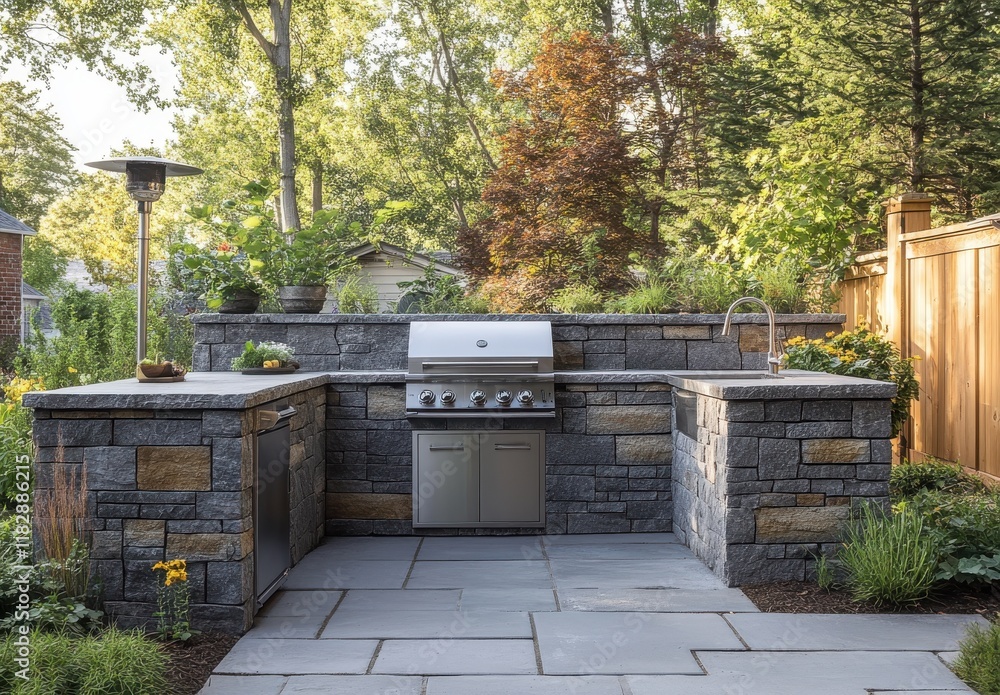 Modern Outdoor Kitchen with Stone Accents and Stainless Steel Grill Surrounded by Lush Greenery and Warm Natural Light in Residential Garden Setting