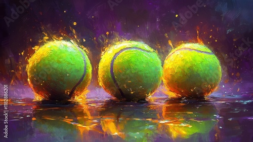 Three flaming tennis balls sit on a wet surface. This vibrant artwork is perfect for sports-themed designs or energizing visuals.