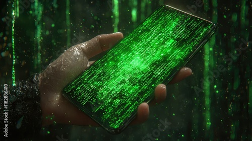 Hand Holding Smartphone Displaying Green Digital Code