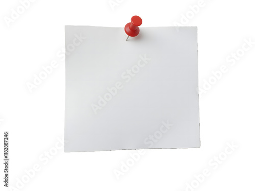 White paper sticky note with red push pin isolated on transparent background photo