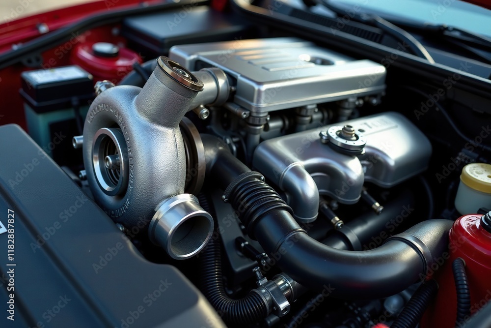 Turbocharger and exhaust manifold with oil and coolant hoses, valve, hose Turbocharger and exhaust manifold with oil and coolant hoses, valve, hose