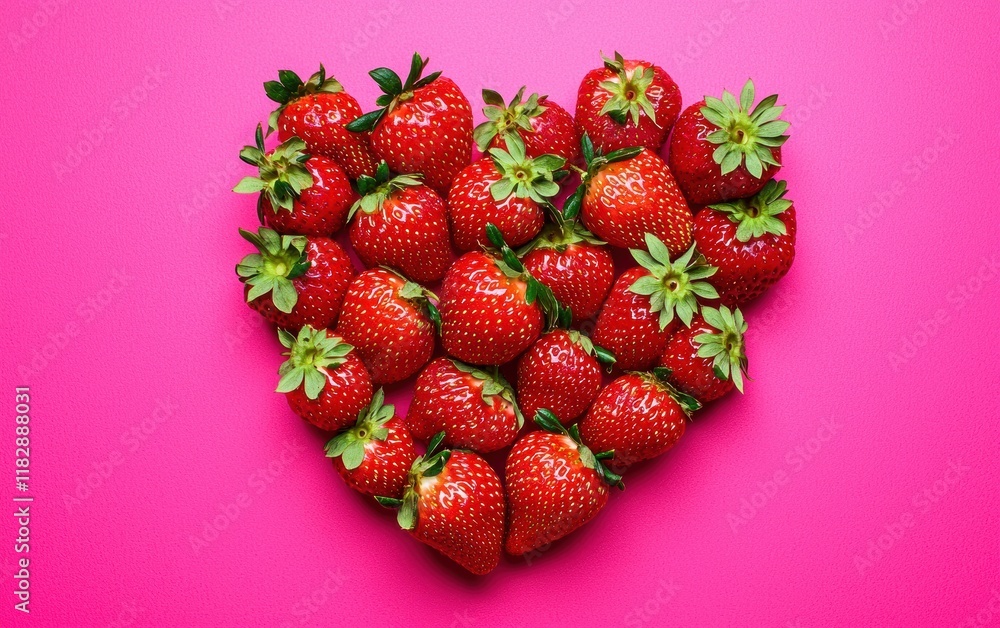 A heart made of fresh strawberries on a vibrant pink background for Saint Valentines Day A heart made of fresh strawberries on a vibrant pink background for Saint Valentines Day