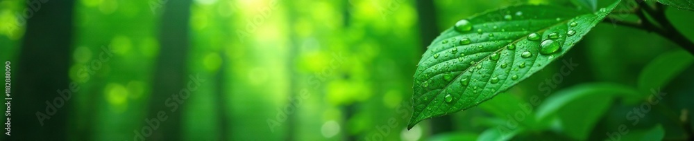 Obraz premium Water droplets on leaves of a towering tree in the green forest, plant life, nature, water