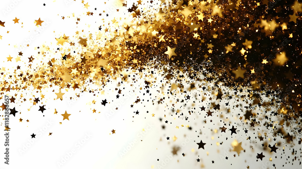 Golden Star Confetti Explodes on White Background, Creating a Festive Abstract Pattern Golden Star Confetti Explodes on White Background, Creating a Festive Abstract Pattern