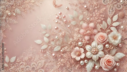 Romantic blush pink background with soft floral lace patterns and shimmering pearl accents