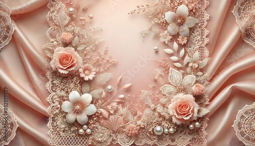 Romantic blush pink background with soft floral lace patterns and shimmering pearl accents
