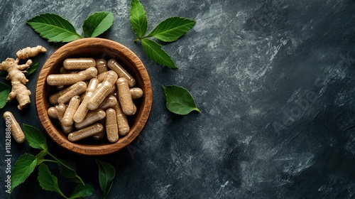 Wallpaper Mural Herbal capsules in wooden bowl with leaves, ginger root on dark background; healthy supplement concept. Torontodigital.ca