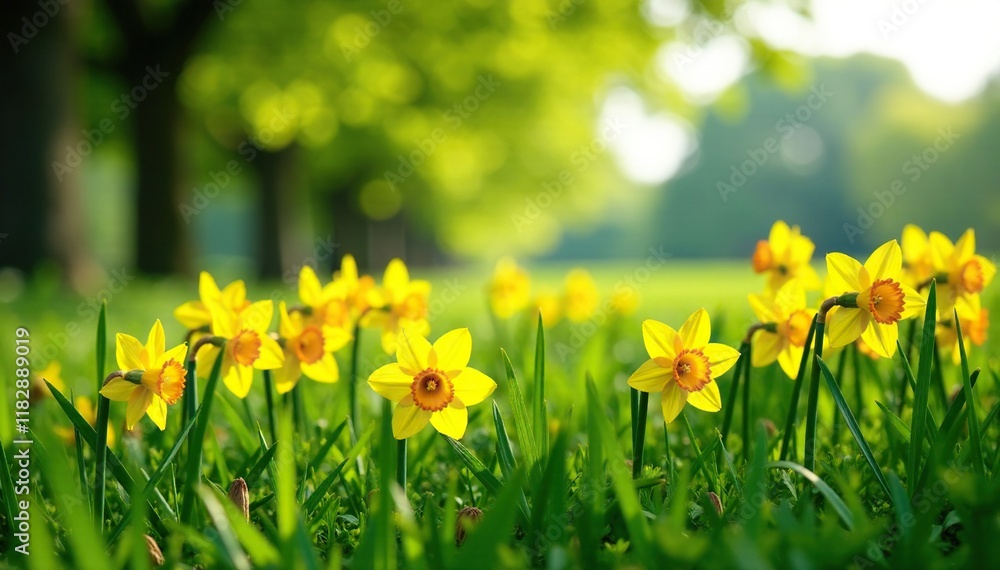 Fototapeta premium Yellow daffodils in a lush green meadow with a few trees, grass, yellow